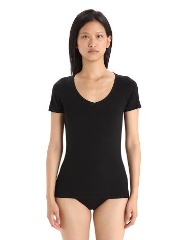 Black Women's Icebreaker Merino Siren Short Sleeve Sweetheart Top Underwear | USA 1684CTVE